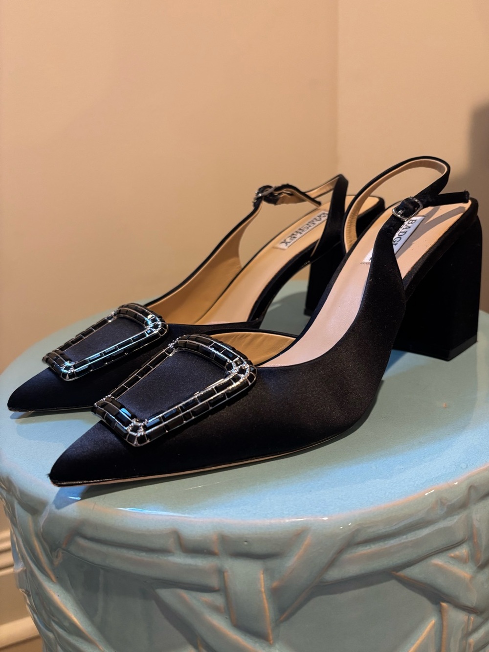 Badgley Mischka Black Satin Pointed Slingback Pumps with Buckle